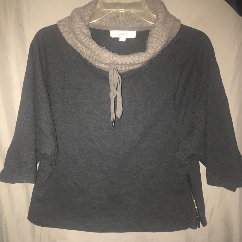 LOFT Gray & Tan Turtleneck Top with Side Zipper